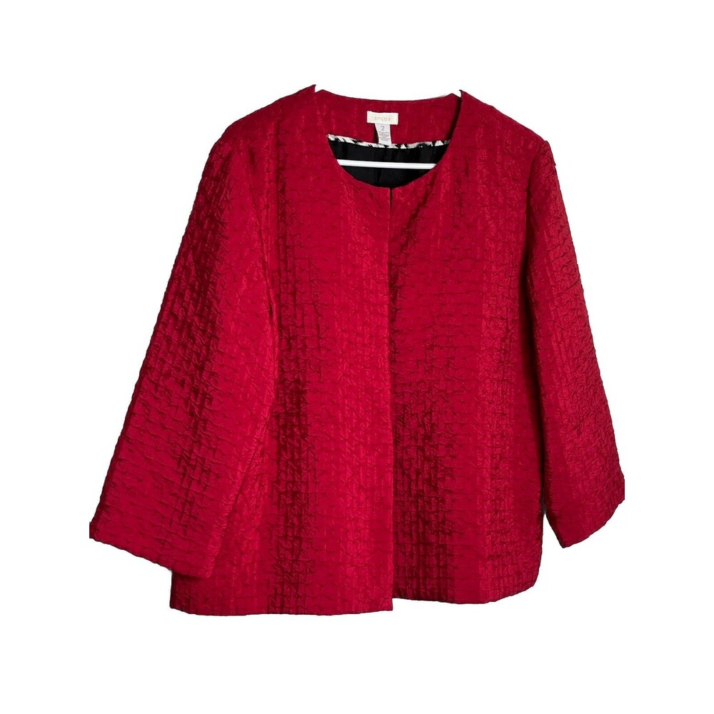 Chicos Cardigan Ruched Red 3/4 Sleeve Blouse Shirt Womens 2 US L  (13)